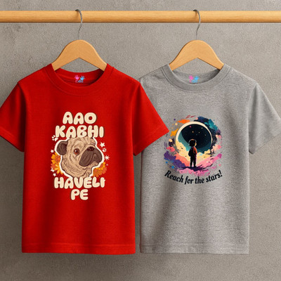 Kidloo Boys Printed Pure Cotton Regular T Shirt(Red, Multicolor, Pack of 2)