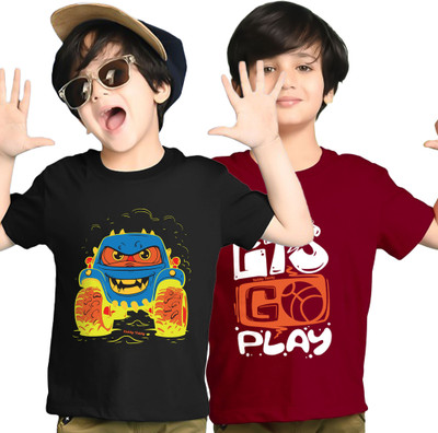 Kiddy Viddy Boys Graphic Print Cotton Blend Regular T Shirt(Maroon, Black, Pack of 2)