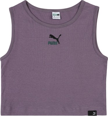 PUMA Girls Self Design Cotton Blend T Shirt(Purple, Pack of 1)