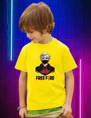 Snojh Boys & Girls Printed Cotton Blend Regular T Shirt(Yellow, Pack of 1)