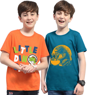 Kiddy Viddy Boys Printed Cotton Blend Regular T Shirt(Orange, Dark Blue, Pack of 2)
