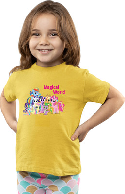 Printabulous Girls Printed Pure Cotton Regular T Shirt(Yellow, Pack of 1)