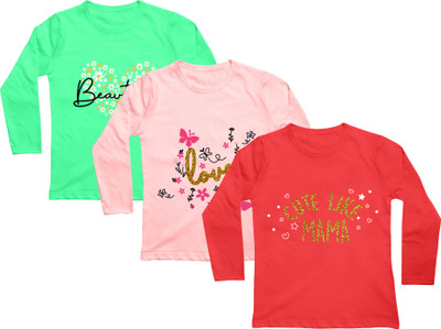 Mojua Girls Floral Print Pure Cotton Regular T Shirt(Green, Pack of 1)