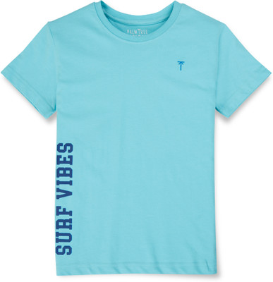 Palm Tree Boys Typography, Printed Cotton Blend Regular T Shirt(Blue, Pack of 1)