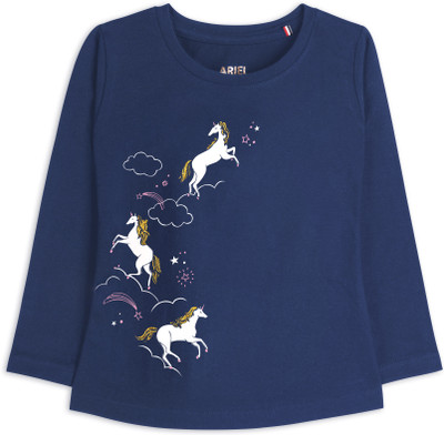 Ariel Girls Printed Pure Cotton Regular T Shirt(Dark Blue, Pack of 1)
