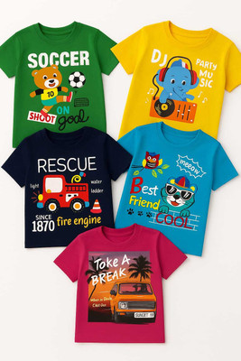 Tinytrekkers Boys Printed Pure Cotton Regular T Shirt(Multicolor, Pack of 5)