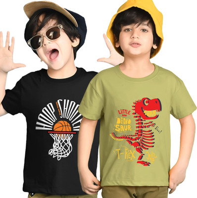 Kiddy Viddy Boys Printed Cotton Blend Regular T Shirt(Black, Green, Pack of 2)