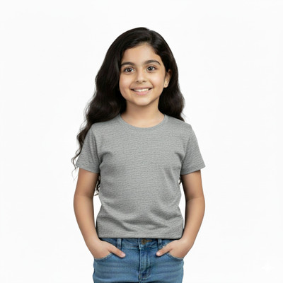 DEHCY Girls Solid Pure Cotton Regular T Shirt(Grey, Pack of 1)