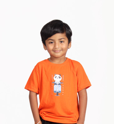Yellowtoons Boys Cartoon Cotton Blend Regular T Shirt(Orange, Pack of 1)