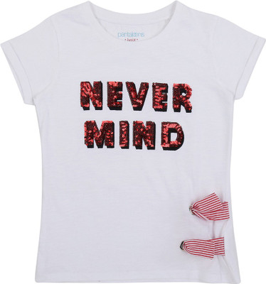Pantaloons Junior Girls Printed Cotton Blend Regular T Shirt(White, Pack of 1)