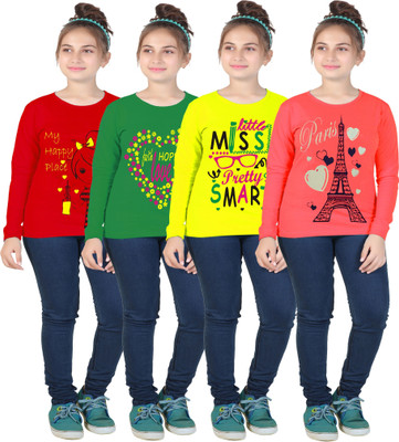 MIST N FOGG Girls Printed Cotton Blend Regular T Shirt(Multicolor, Pack of 4)
