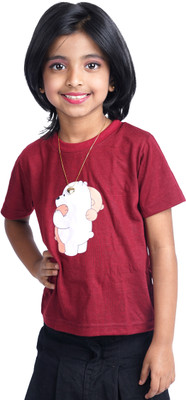 Yellowtoons Girls Printed Cotton Blend Regular T Shirt(Maroon, Pack of 1)