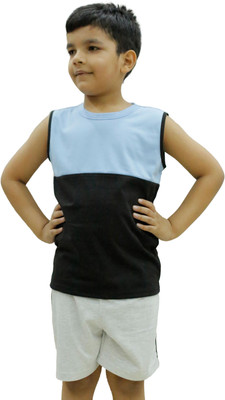 CHOMMBOOKA TRENDING Boys Colorblock Pure Cotton Regular T Shirt(Light Blue, Black, Pack of 1)