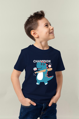 STYROX Boys Typography, Printed Pure Cotton Regular T Shirt(Dark Blue, Pack of 1)