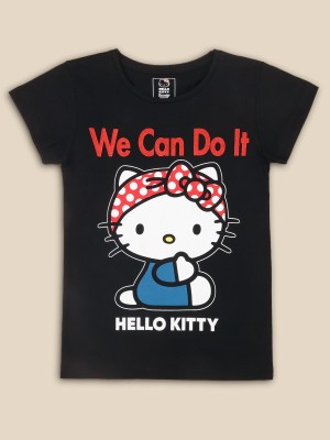 Hello Kitty By Kidsville Girls Printed Pure Cotton Regular T Shirt(Black, Pack of 1)