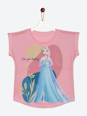 YK Disney Girls Printed Cotton Blend Regular T Shirt(Pink, Pack of 1)
