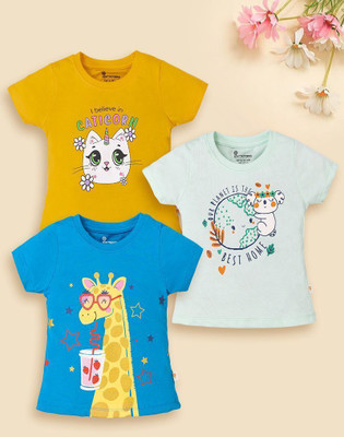 ELEMENOPEE Baby Girls Animal Print Pure Cotton Regular T Shirt(Multicolor, Pack of 3)