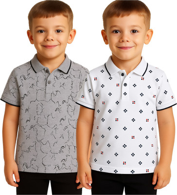 Fasla Boys Printed Cotton Blend Regular T Shirt(White, Pack of 2)