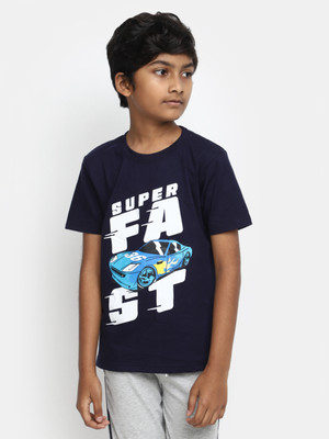 V-MART Boys Typography, Printed Cotton Blend Regular T Shirt(Blue, Pack of 1)