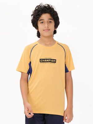TECHNOSPORT Boys Typography Polyester Slim T Shirt(Yellow, Pack of 1)