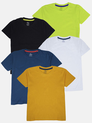 Kiddo Paanti Boys Solid Pure Cotton Regular T Shirt(Multicolor, Pack of 5)