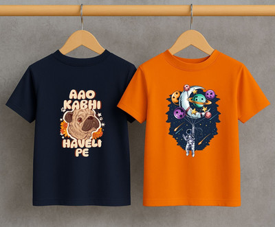 Kidloo Boys Graphic Print Pure Cotton Regular T Shirt(Dark Blue, Pack of 2)
