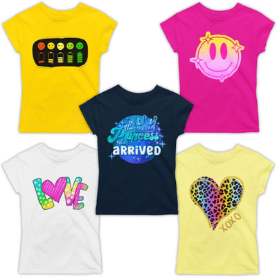 Devranj Designs Girls Graphic Print Pure Cotton Regular T Shirt(Multicolor, Pack of 5)