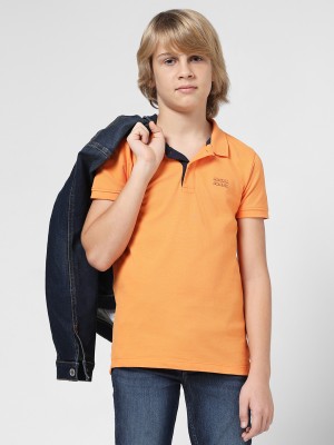 Jack & Jones Junior Boys Solid Cotton Blend Regular T Shirt(Orange, Pack of 1)