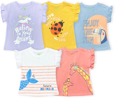 YUV Baby Girls Printed Pure Cotton T Shirt(Multicolor, Pack of 5)