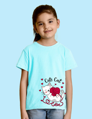 Nusyl Girls Graphic Print Cotton Blend Regular T Shirt(Blue, Pack of 1)