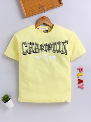 Happy Faces Boys Printed Pure Cotton Regular T Shirt(Yellow, Pack of 1)