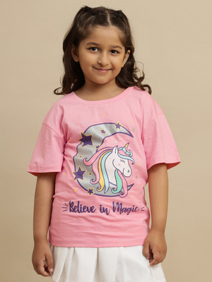 kidsville Girls Printed Pure Cotton Oversized T Shirt(Pink, Pack of 1)