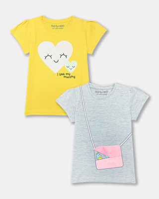 Miss & Chief Girls Graphic Print Pure Cotton Regular T Shirt(Multicolor, Pack of 2)