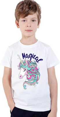 KPPRINT Boys & Girls Printed Cotton Blend Regular T Shirt(White, Pack of 1)