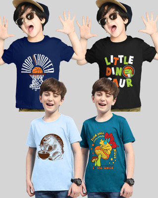 AUSK Boys Printed Cotton Blend Regular T Shirt(Light Blue, Black, Pack of 4)