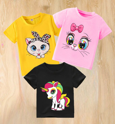 PY PINKYOU Girls Printed Cotton Blend Regular T Shirt(Multicolor, Pack of 3)
