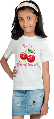 CHOMBOOKA Girls Printed Pure Cotton Regular T Shirt(Light Blue, Pack of 1)