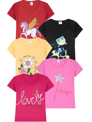 FAZZA Girls Graphic Print Pure Cotton Regular T Shirt(Multicolor, Pack of 5)