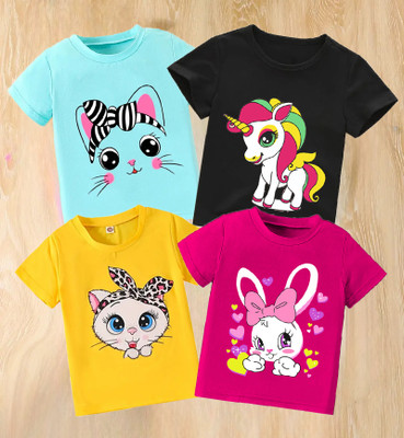PY PINKYOU Girls Printed Cotton Blend Regular T Shirt(Multicolor, Pack of 4)