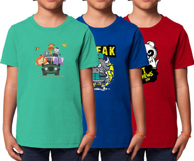 weatherwear Boys Printed Pure Cotton Regular T Shirt(Green, Pack of 3)