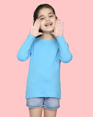Nusyl Girls Solid Cotton Blend T Shirt(Light Blue, Pack of 1)