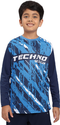 TECHNOSPORT Boys Typography, Striped Polyester Slim T Shirt(Blue, Pack of 1)