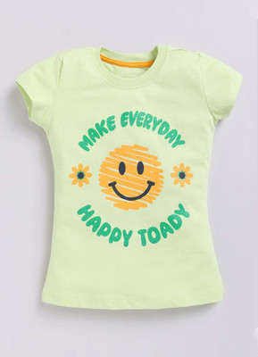 Parrot Crow Girls Printed Organic Cotton Regular T Shirt(Light Green, Pack of 1)