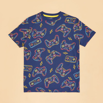 Pantaloons Junior Boys Printed Pure Cotton Regular T Shirt(Dark Blue, Pack of 1)