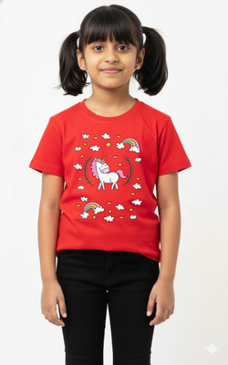 R and S Creations Girls Printed Pure Cotton Regular T Shirt(Black, Pack of 1)