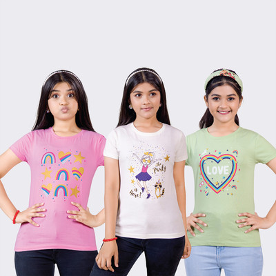 Zuniors-SSC Girls Graphic Print Pure Cotton Regular T Shirt(Multicolor, Pack of 3)