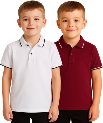 EyeWater Boys Solid Cotton Blend Regular T Shirt(White, Maroon, Pack of 2)