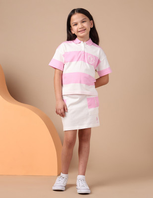 U.S. POLO ASSN. Girls Striped Pure Cotton Regular T Shirt(Pink, Pack of 1)