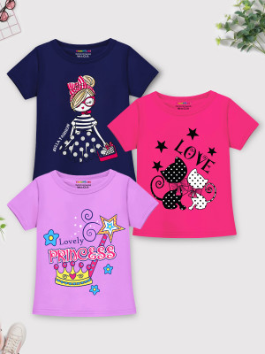 Trampoline Girls Printed Cotton Blend Regular T Shirt(Multicolor, Pack of 3)