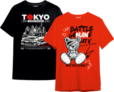 Litway Boys Printed Pure Cotton Regular T Shirt(Red, Black, Pack of 2)